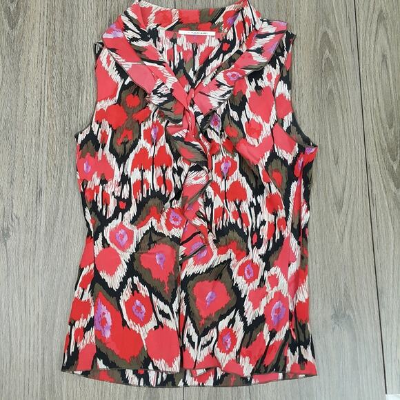TAHARI Geometric Print sleeveless Blouse sz XS with ruffles - Picture 2 of 5